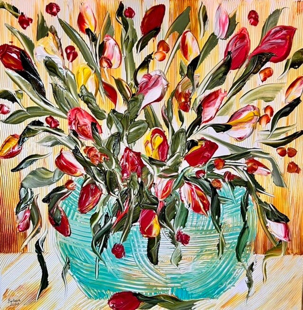 Tulip Surprise , 30x40 , White frame, Floral Abstract Impasto Painting, Item# 136