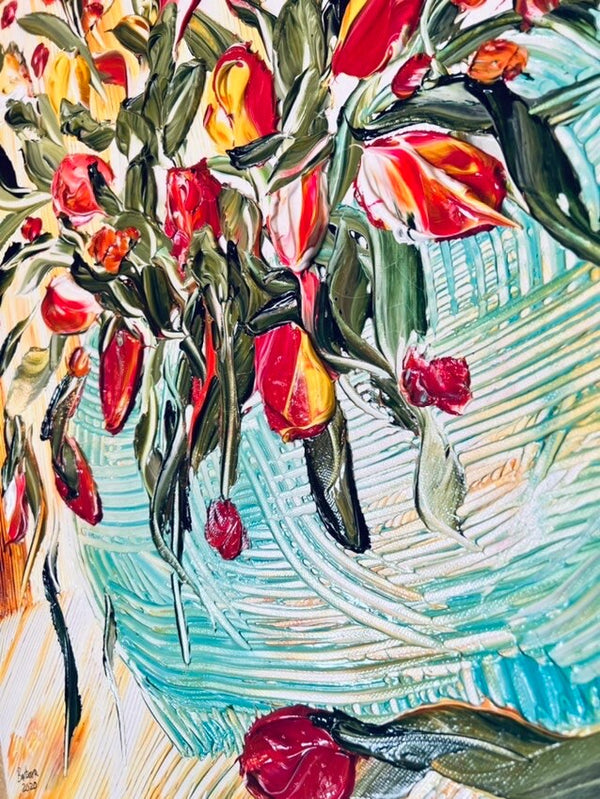 Tulip Surprise , 30x40 , White frame, Floral Abstract Impasto Painting, Item# 136