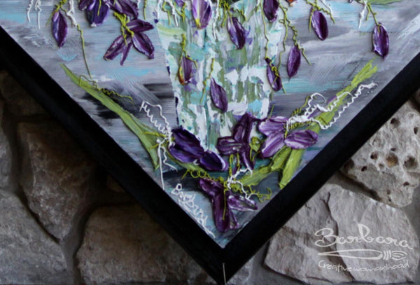Reflections of Iris, 34x34, Black frame, Floral Abstract Impasto Painting - Diagonal, Item# 131