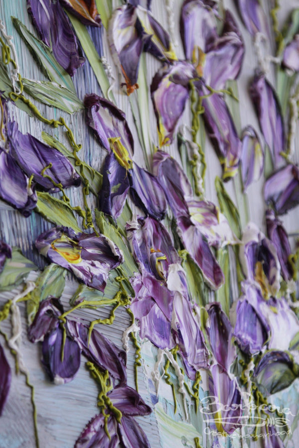 Reflections of Iris, 34x34, Black frame, Floral Abstract Impasto Painting - Diagonal, Item# 131