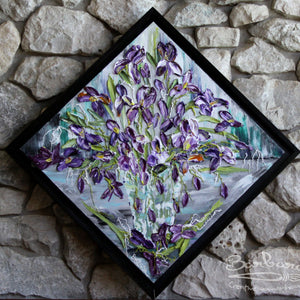 Reflections of Iris, 34x34, Black frame, Floral Abstract Impasto Painting - Diagonal, Item# 131