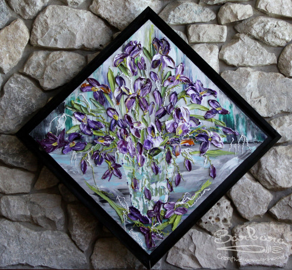 Reflections of Iris, 34x34, Black frame, Floral Abstract Impasto Painting - Diagonal, Item# 131