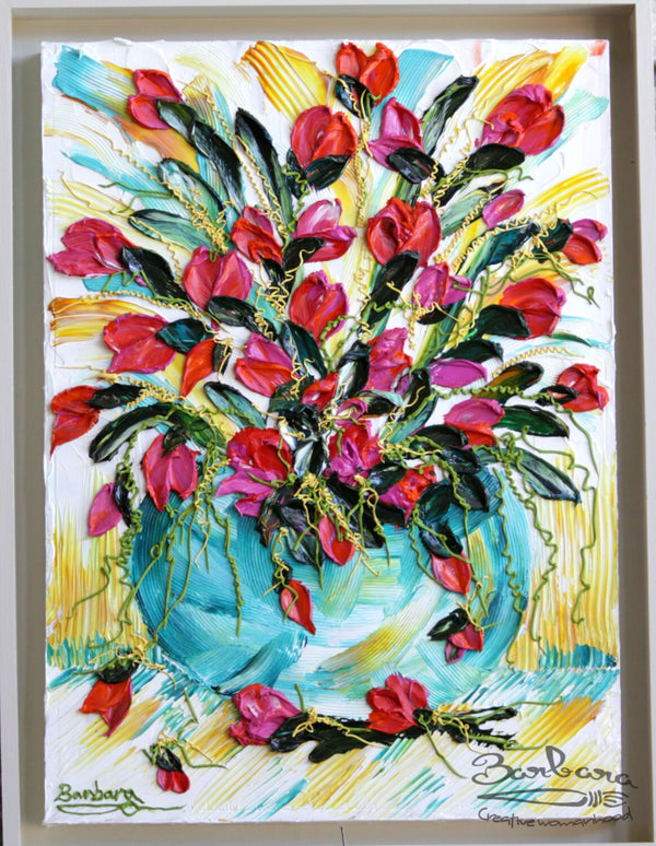 Tulip Surprise , 30x40 , White frame, Floral Abstract Impasto Painting, Item# 136