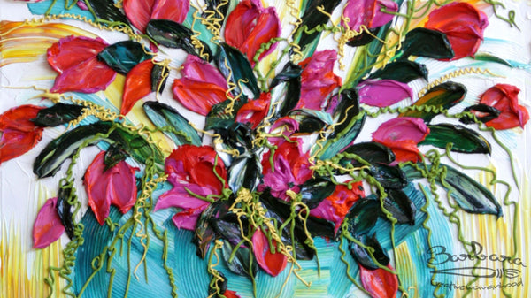 Tulip Surprise , 30x40 , White frame, Floral Abstract Impasto Painting, Item# 136