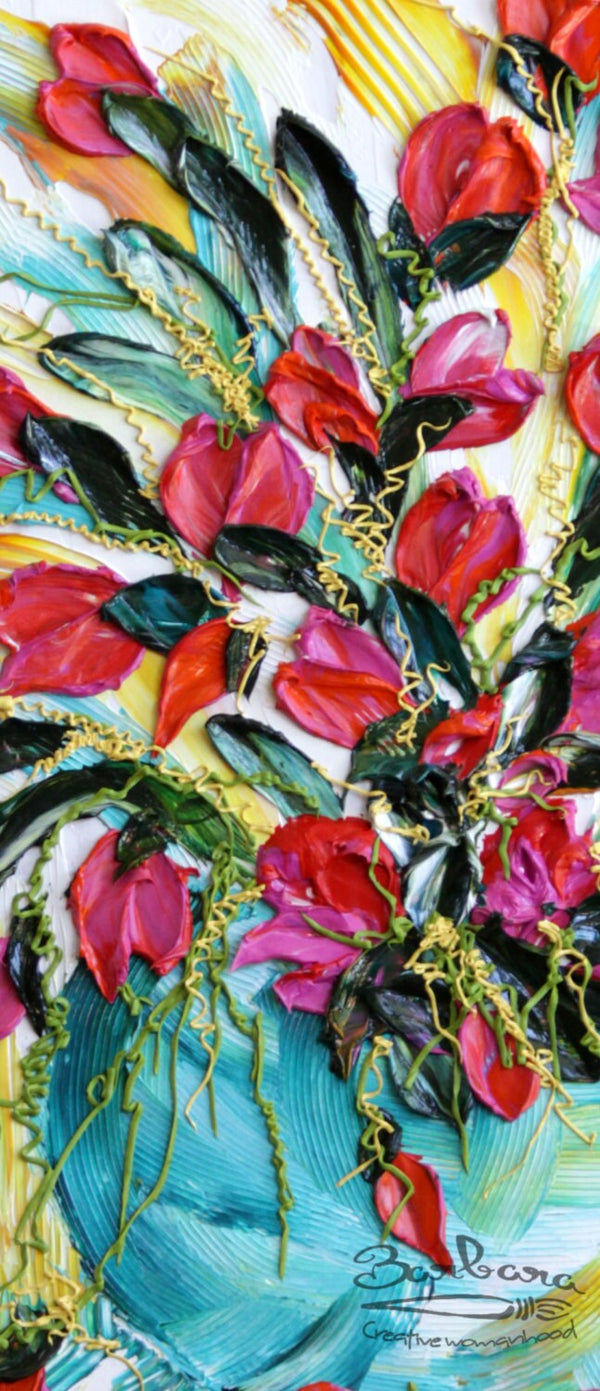 Tulip Surprise , 30x40 , White frame, Floral Abstract Impasto Painting, Item# 136