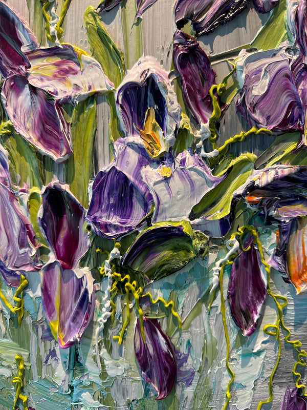 Reflections of Iris, 34x34, Black frame, Floral Abstract Impasto Painting - Diagonal, Item# 131