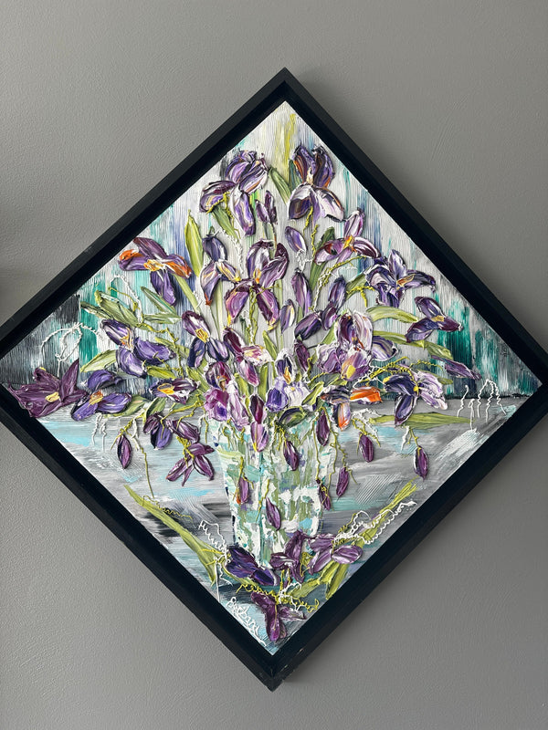 Reflections of Iris, 34x34, Black frame, Floral Abstract Impasto Painting - Diagonal, Item# 131