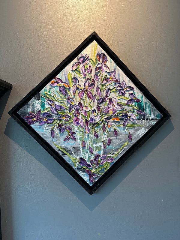 Reflections of Iris, 34x34, Black frame, Floral Abstract Impasto Painting - Diagonal, Item# 131