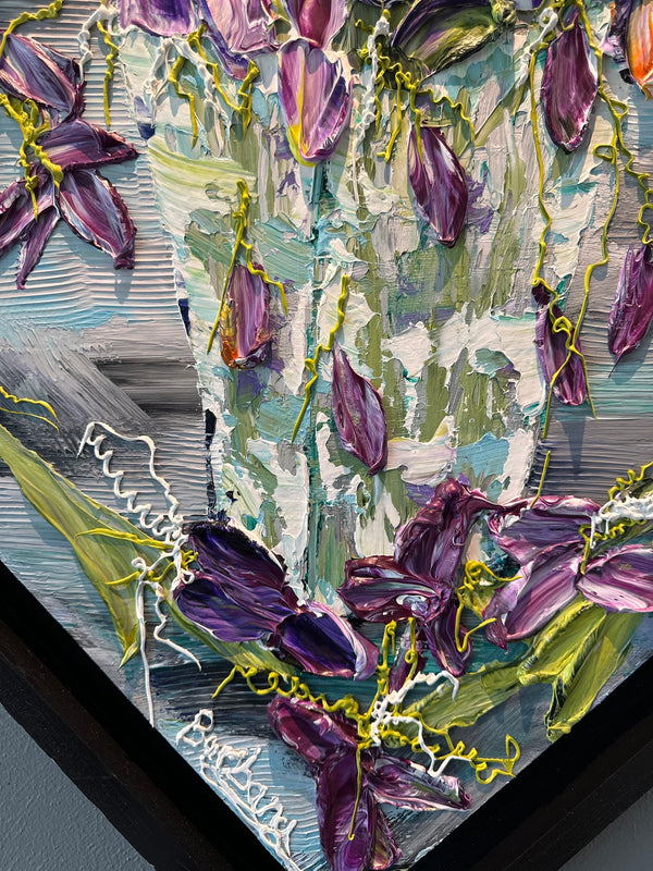 Reflections of Iris, 34x34, Black frame, Floral Abstract Impasto Painting - Diagonal, Item# 131