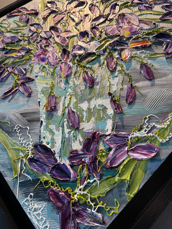 Reflections of Iris, 34x34, Black frame, Floral Abstract Impasto Painting - Diagonal, Item# 131