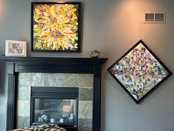 Reflections of Iris, 34x34, Black frame, Floral Abstract Impasto Painting - Diagonal, Item# 131