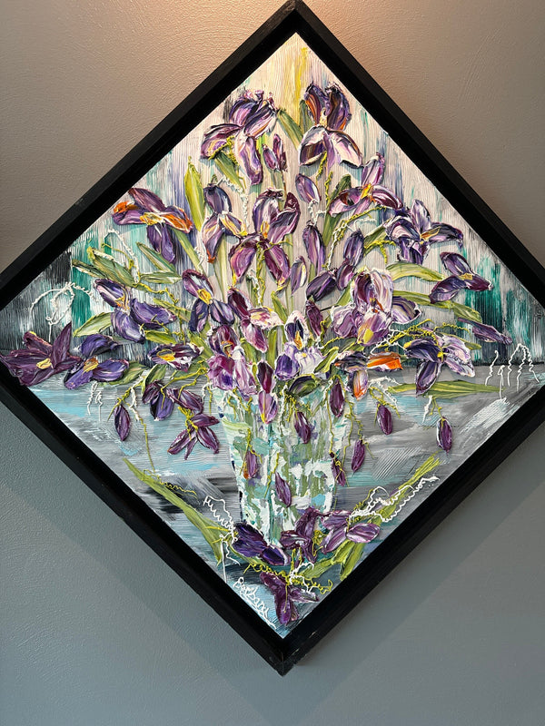 Reflections of Iris, 34x34, Black frame, Floral Abstract Impasto Painting - Diagonal, Item# 131