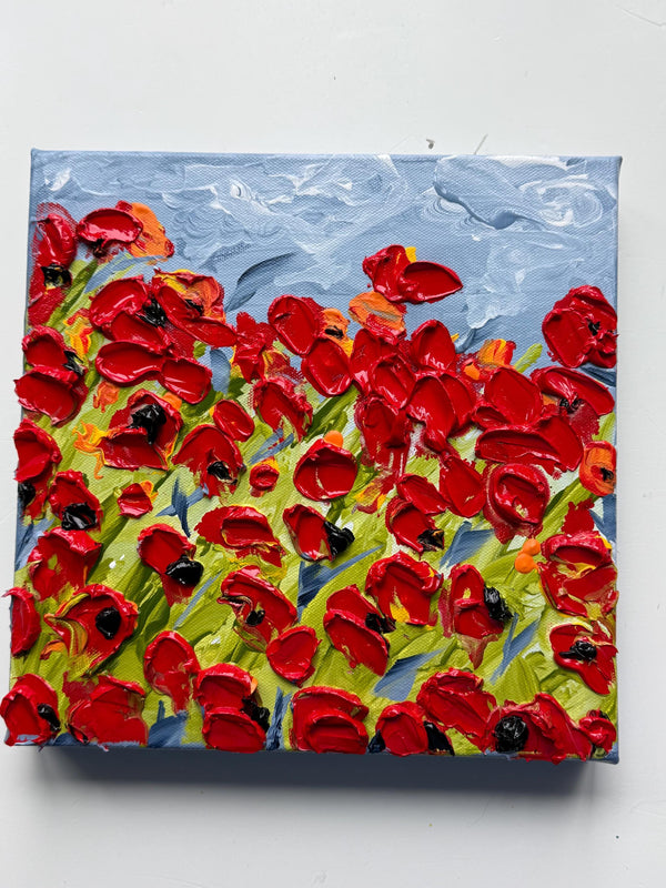 Poppy Parade 10 x 10 , original painting by Barbara Scharpf . Textured Red Floral Wall Art. Handmade Modern Nature Decor.