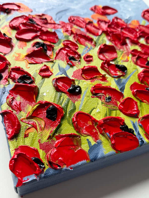 Poppy Parade 10 x 10 , original painting by Barbara Scharpf . Textured Red Floral Wall Art. Handmade Modern Nature Decor.