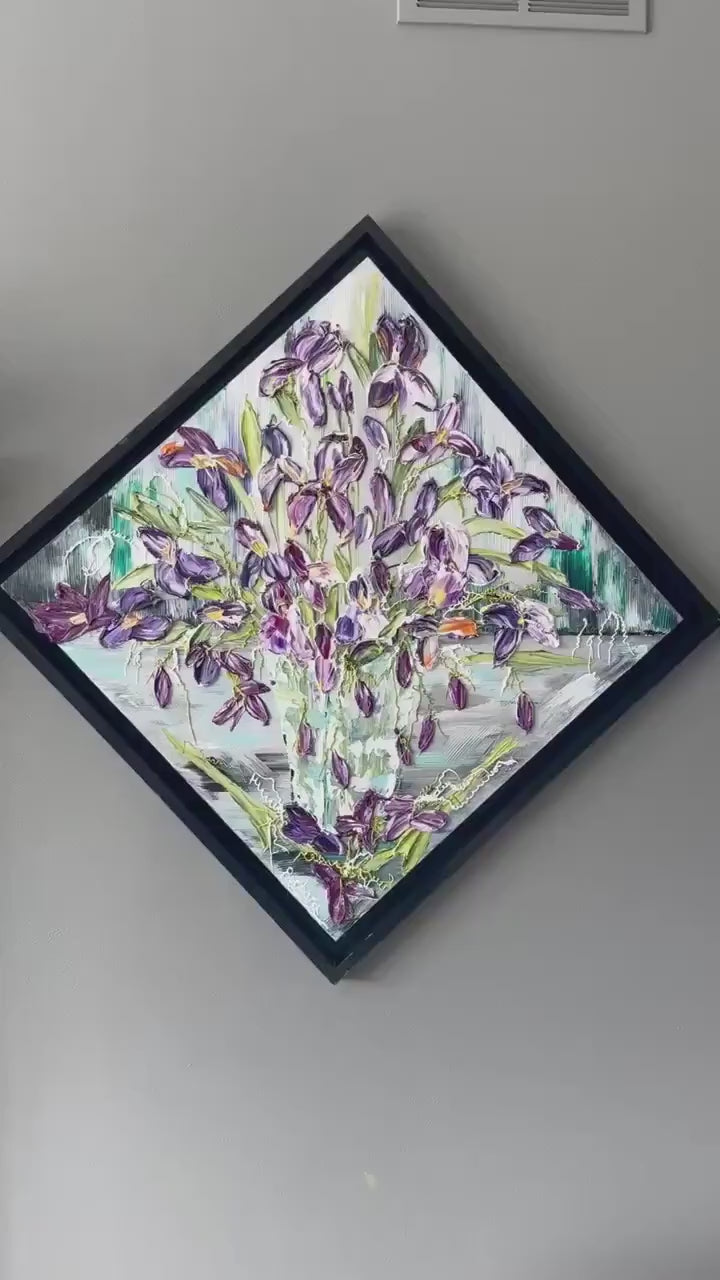 Reflections of Iris, 34x34, Black frame, Floral Abstract Impasto Painting - Diagonal, Item# 131