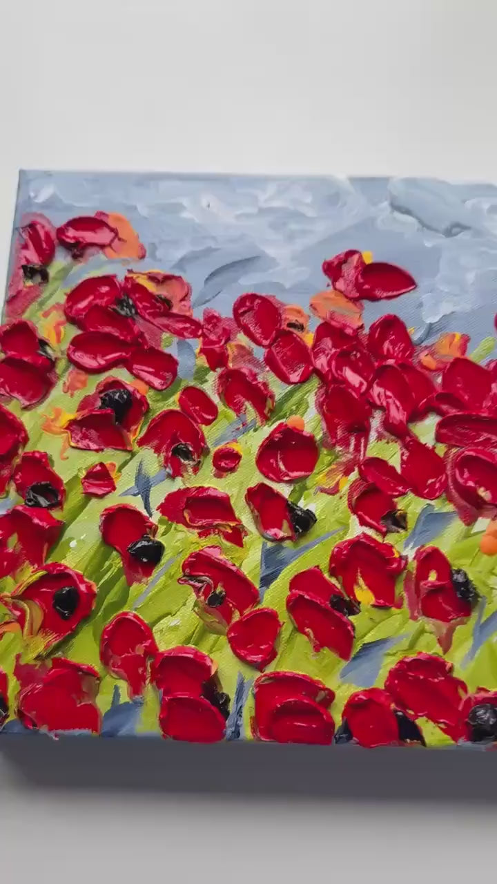 Poppy Parade 10 x 10 , original painting by Barbara Scharpf . Textured Red Floral Wall Art. Handmade Modern Nature Decor.